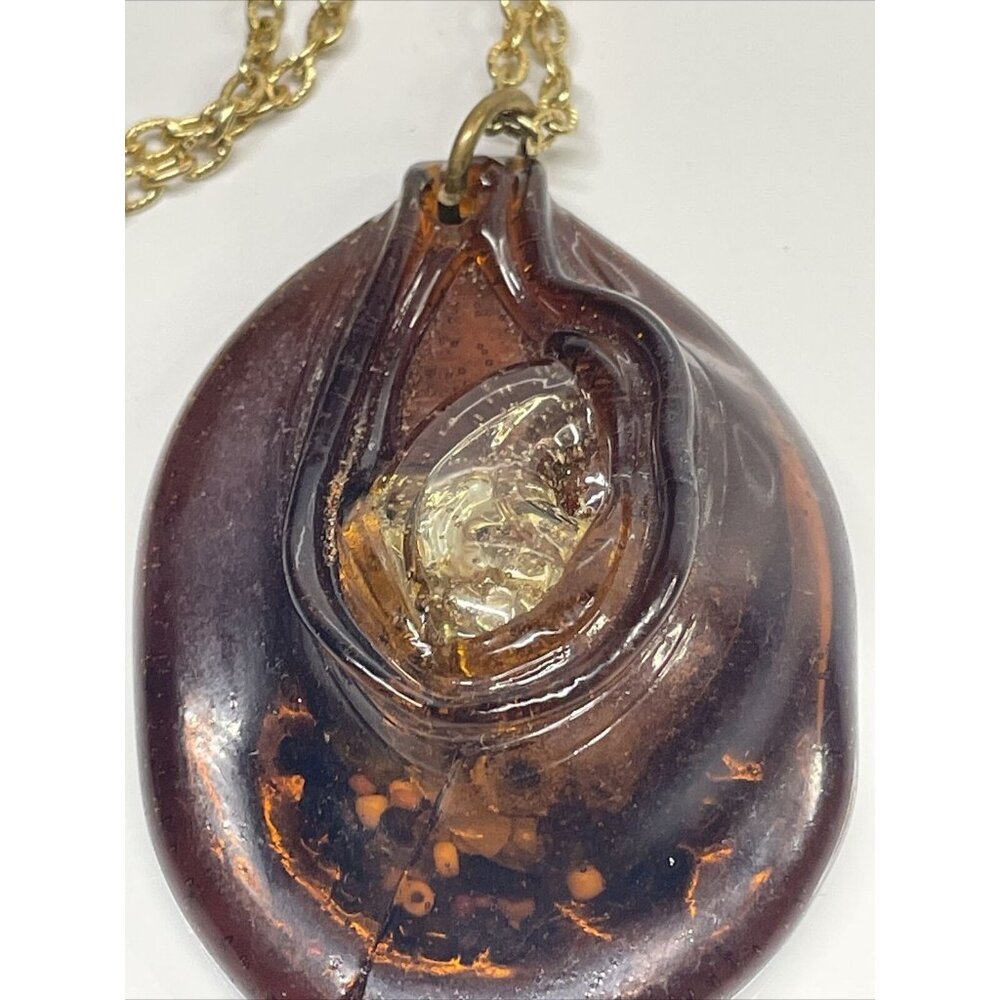 Unique Faux Amber Plastic Pendant Necklace w/ beads embedded 24” Gold Tone Chain - Picture 5 of 9